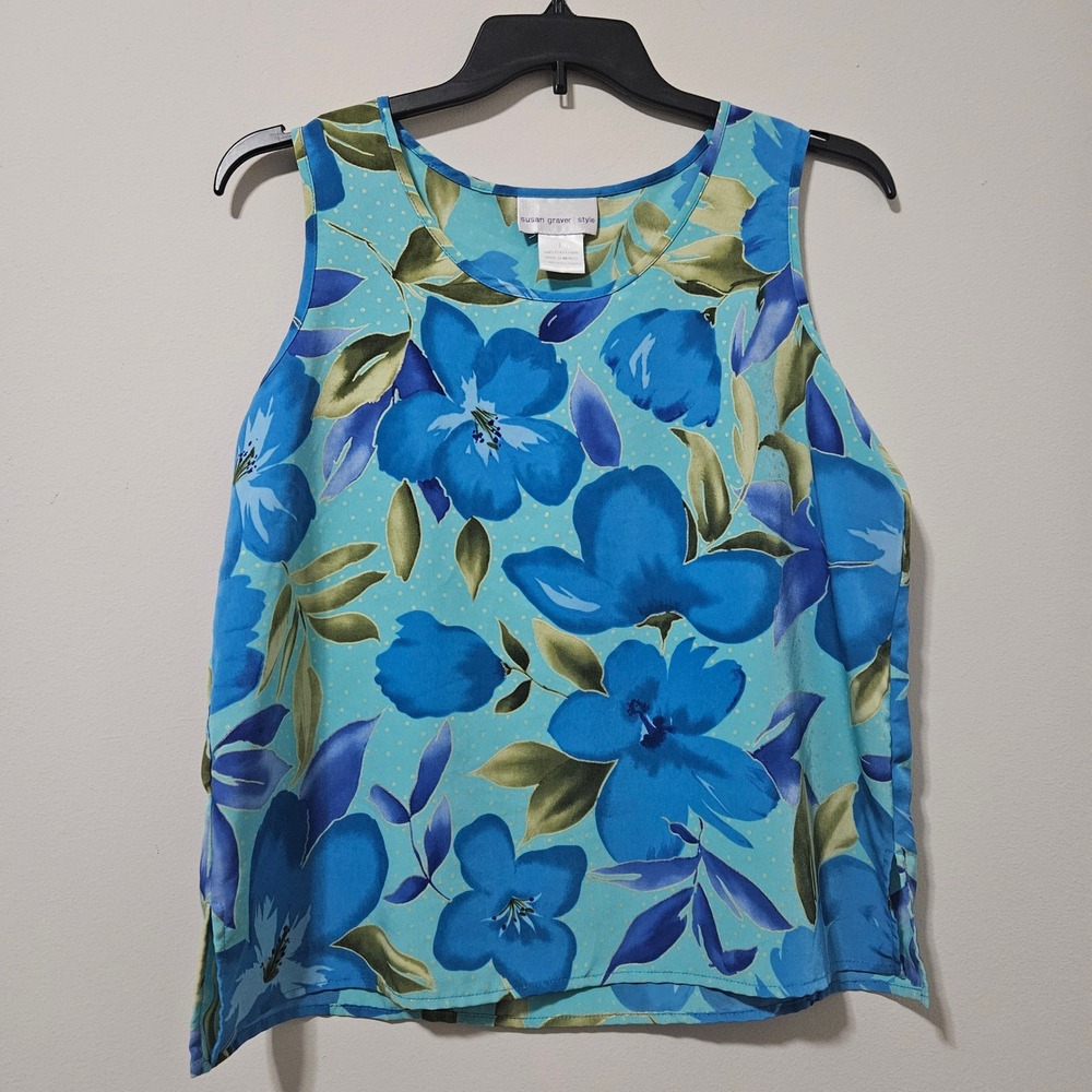 Susan Graver Womens Large Blue Floral Sleeveless Blouse Scoop Neck Tank Top